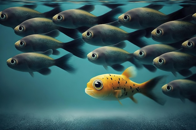 Underwater illustration of a group of fish swimming in the same direction one yellow fish is unique