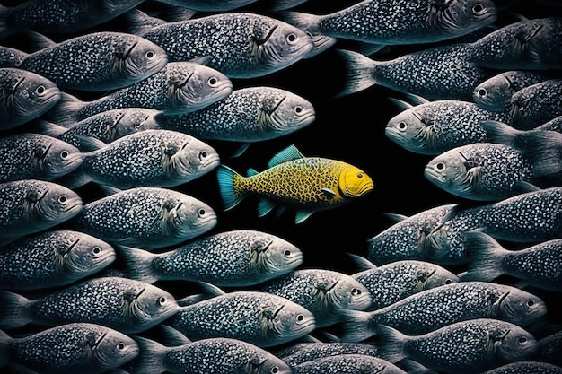 Underwater illustration of a group of fish swimming in the same direction one yellow fish is unique