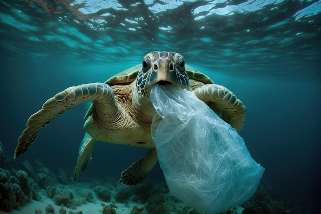 Underwater illustration of sea green turtle eats plastic bag