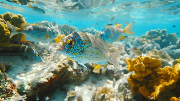 Underwater image of a colorful coral reef with a variety of fish swimming around