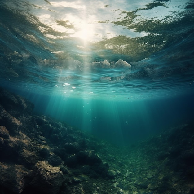 An underwater image of a sea floor with the sun shining through the water.