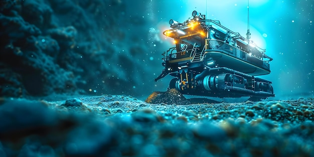 Photo underwater image showcases deep sea mining with rov extracting minerals from ocean floor concept underwater photography deep sea mining rov technology ocean exploration mineral extraction