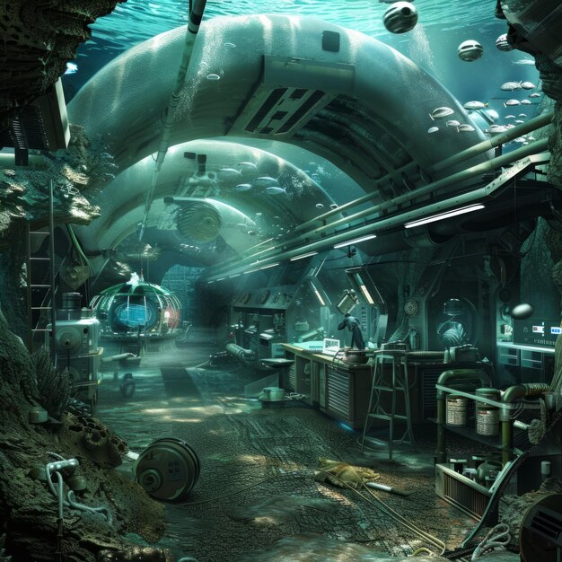 Photo an underwater laboratory with a submerged submarine and a scientist working