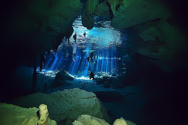 underwater landscape mexico, cenotes diving rays of light under water, cave diving background