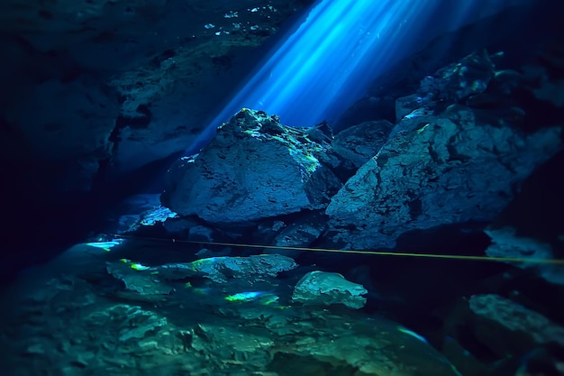 underwater landscape mexico, cenotes diving rays of light under water, cave diving background