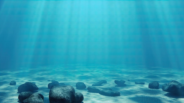 Underwater light rays illuminates sandy ocean floor with some rocks 3D render