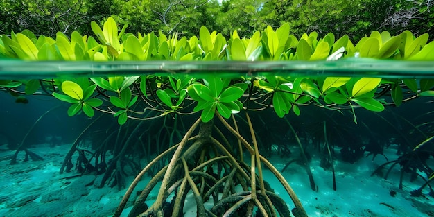 Photo underwater mangrove roots with lush green foliage in a serene setting concept underwater photography mangrove roots green foliage serene setting marine life