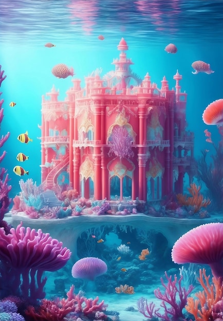 Underwater palace with colorful coral and fish Generative AI Illustration