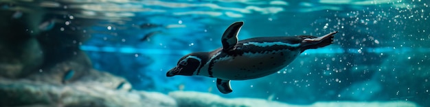 Underwater Penguin Swimming in Aquarium with Bubbles