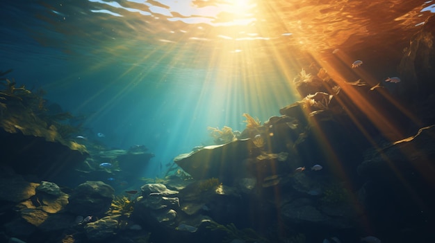 underwater photo of a coral reef with a sunburst in the background