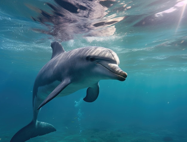 Underwater photo of joyful and optimistic dolphin