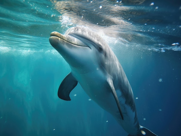 Underwater photo of joyful and optimistic dolphin