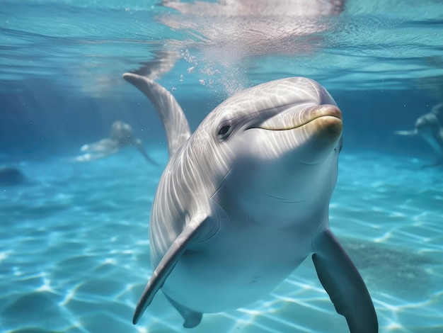 Underwater photo of joyful and optimistic dolphin