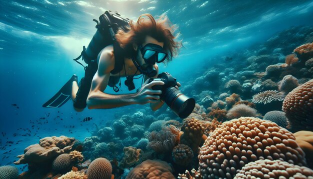 Underwater Photographer Capturing Candid Daily Life and Work Routine on a Vibrant Coral Reef