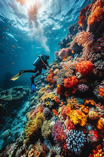 Underwater photographers capturing beauty of marine life in coral reefs Diver explores vibrant coral