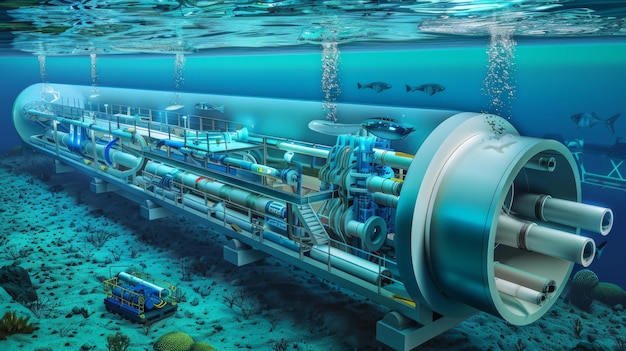 Photo underwater pipeline infrastructure with a submersible robot