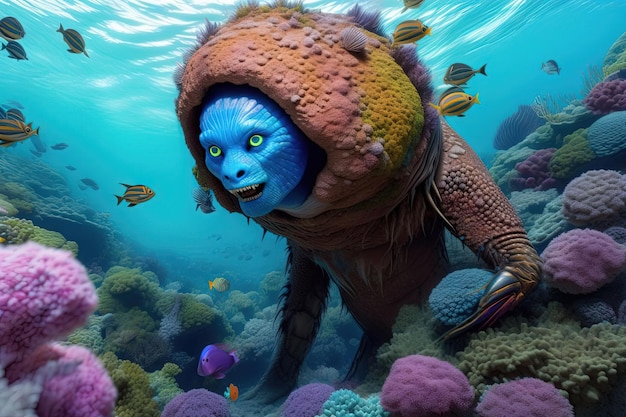 an underwater planet alien crab human animal hybrid illustration generative ai