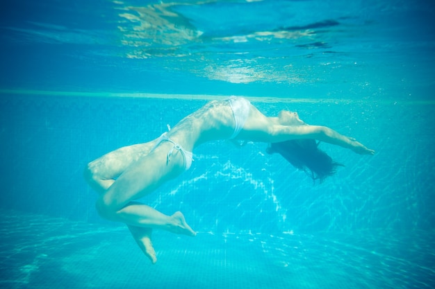 Underwater portrait of beautiful woman in swimming pool