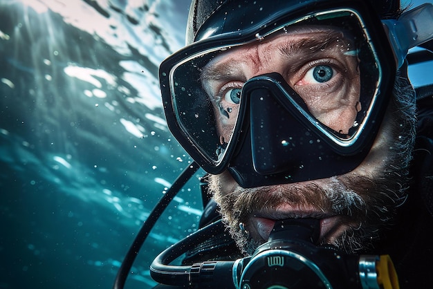 Underwater portrait of scuba diver with DSLR camera