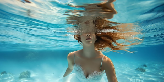 Underwater Portrait of Young Woman with Flowing Hair in Clear Ocean Water