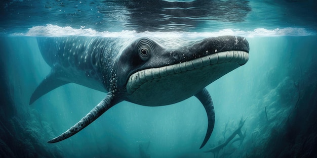 Underwater prehistoric creature or dinosaur swimming underwater