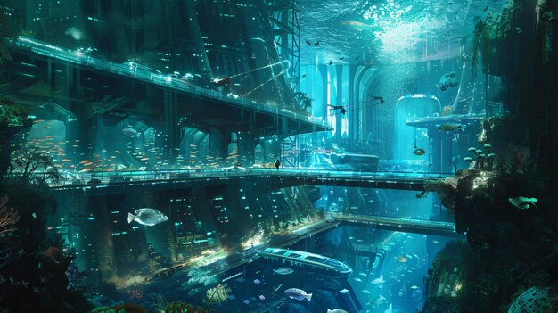 Underwater realm fantasy seascape with advanced architechure