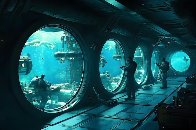 Underwater Research Facility with Scientists Studying Marine Life Through Large Observation Windows