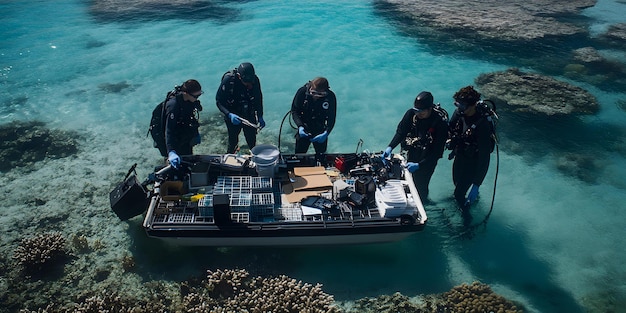 Photo underwater research team studying coral reefs