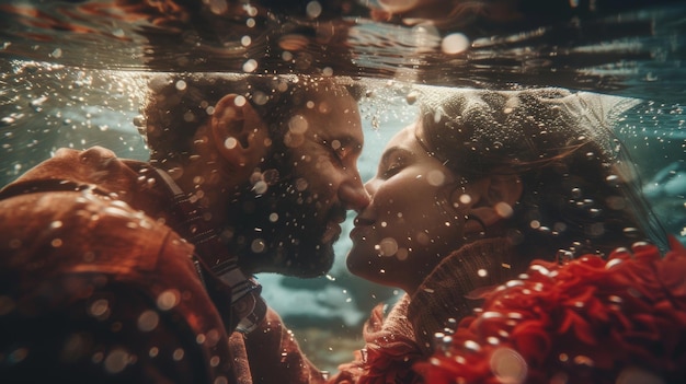 Photo underwater romance couple kissing amidst bubbles and flowers