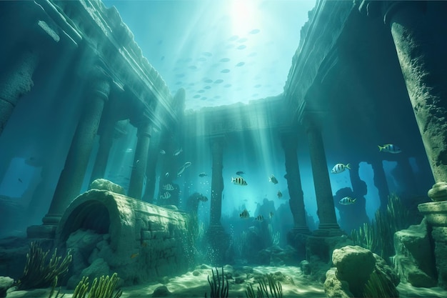 An underwater scene of a building with a large number of fish in it.