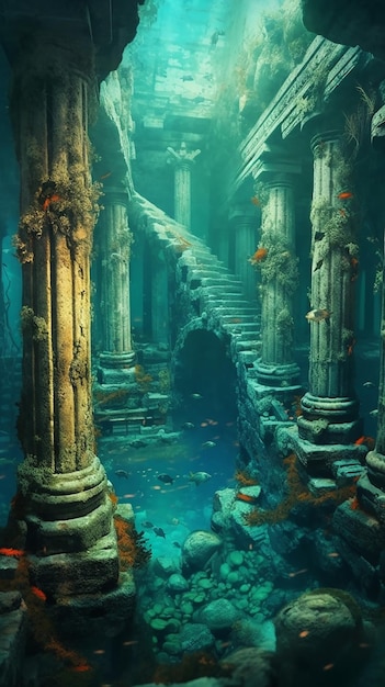 Underwater scene of a building with a staircase in the bottom.