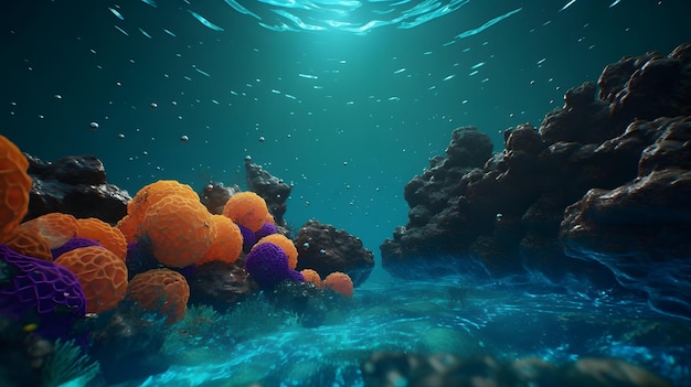 An underwater scene of a coral reef with a blue background and a light shining on it.