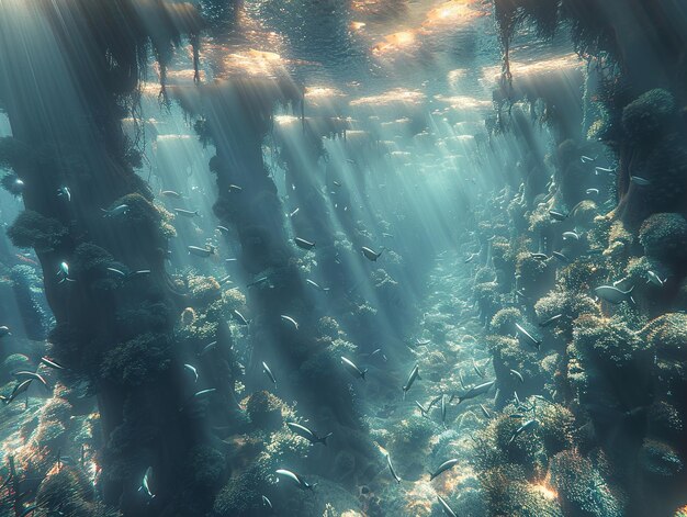 a underwater scene of a coral reef with fish swimming in it