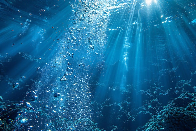 underwater scene of a coral reef with the sun shining through the water