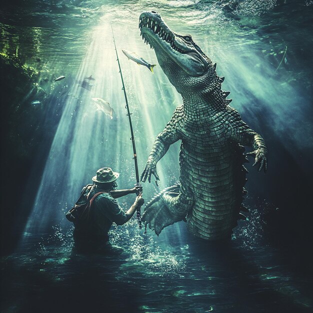 Photo underwater scene a crocodile chasing a fisherman the fisherman is catching fish dramatic