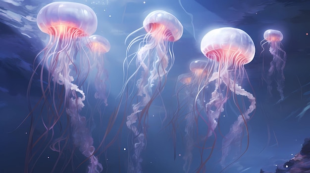 An underwater scene featuring a ballet of graceful jellyfish