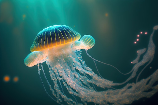 Underwater scene of jellyfish floating in sun rays below surface of the ocean