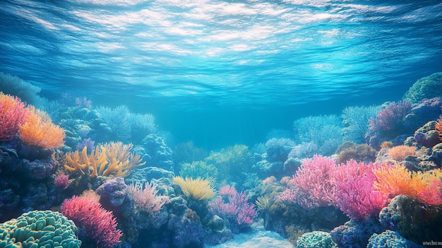 Underwater scene with bright blue water vibrant coral and sunlight shining through