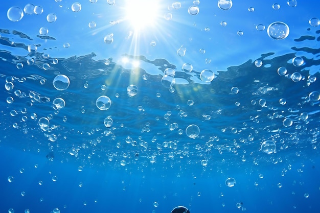 Underwater scene with bubbles and sun rays Underwater background