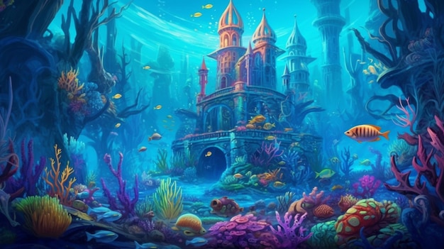 Underwater scene with castle and corals in the ocean generative ai