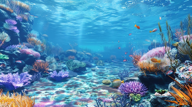 Underwater scene with colorful coral reefs and fish swimming in the clear blue water