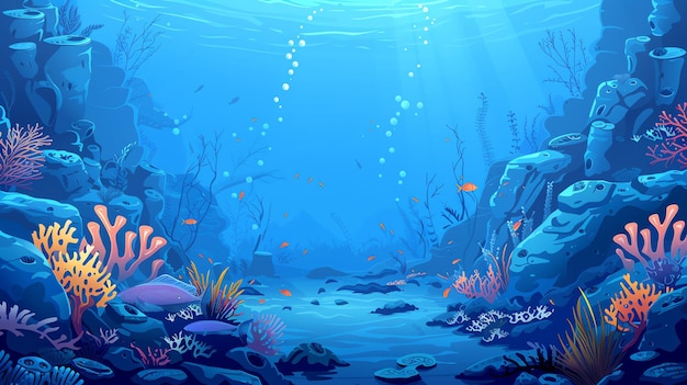 An underwater scene with coral fish and bubbles