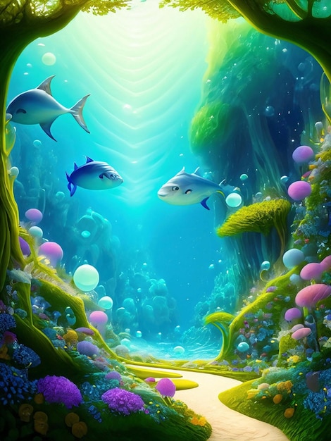 Underwater Scene With Coral Reef And Exotic Fishes