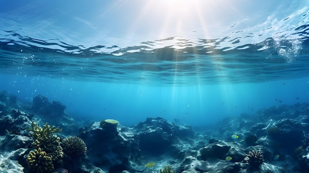 Underwater scene with coral reef fishes and rays of sunlight