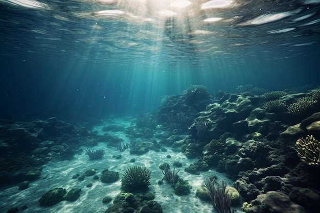 Underwater scene with a coral reef and the sun shining through the water.