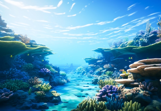 Underwater scene with corals and tropical fish