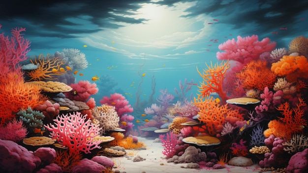 a underwater scene with a fish and corals