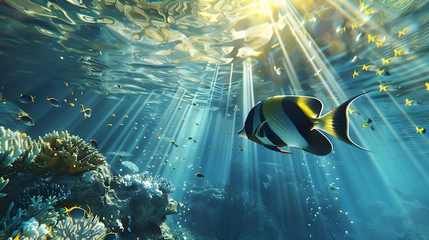 Underwater scene with a fish and sunbeams