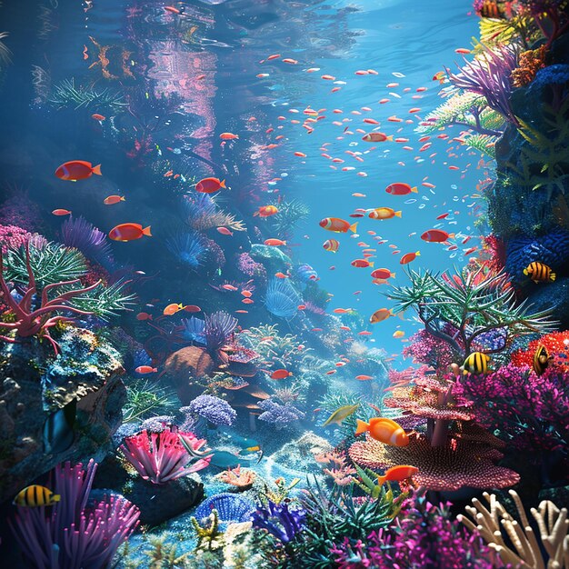 a underwater scene with a fish tank and a coral reef with the words quot fish quot on the bottom