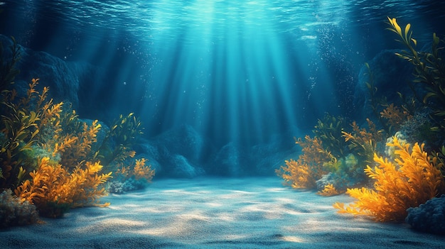 Photo underwater scene with golden seaweed and bright rays of light shining through the water